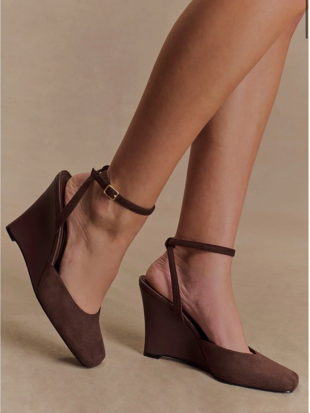 Meshki Brown Suede Ankle-Strap Wedge Heels size US7.5 -EU38